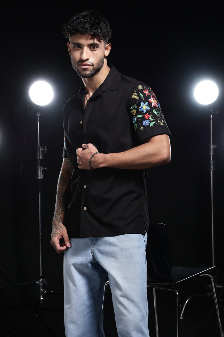 Classic : Floral Embroidery Black Cuban Shirt