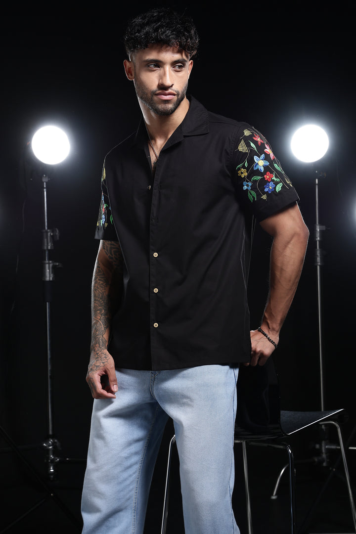 Classic : Floral Embroidery Black Cuban Shirt