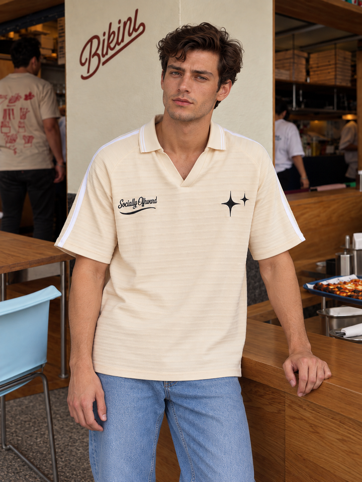 Textured Fabric Ochre Oversized Polo Shirt