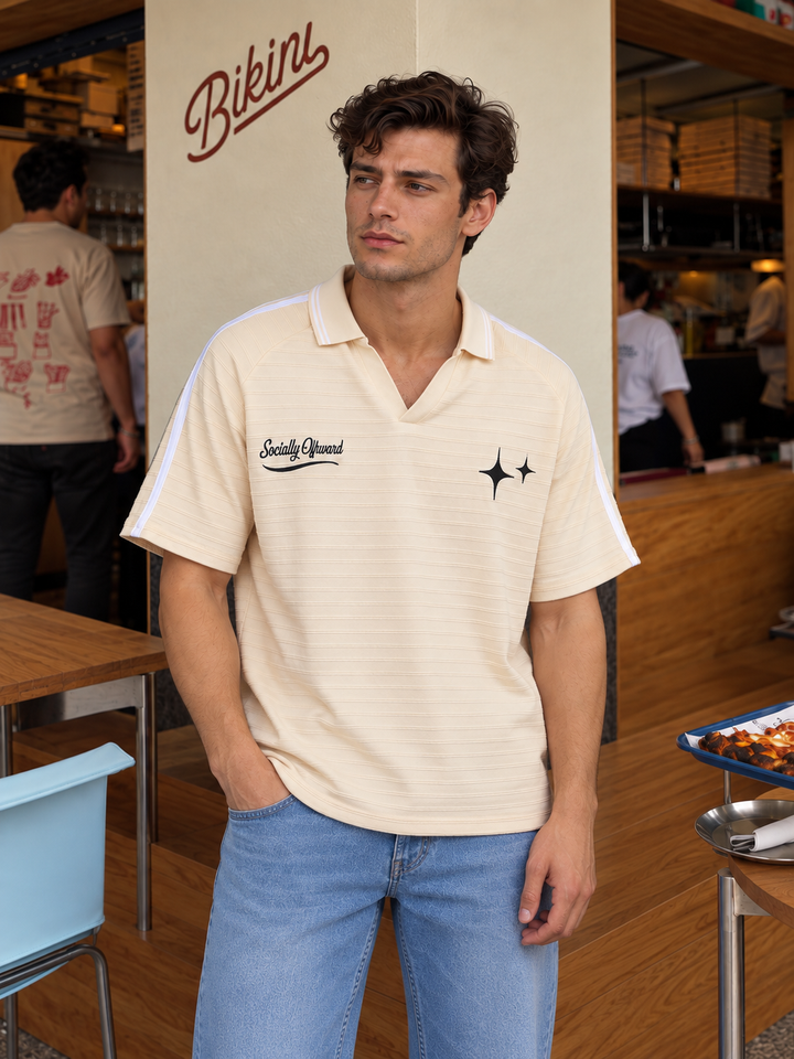 Textured Fabric Ochre Oversized Polo Shirt