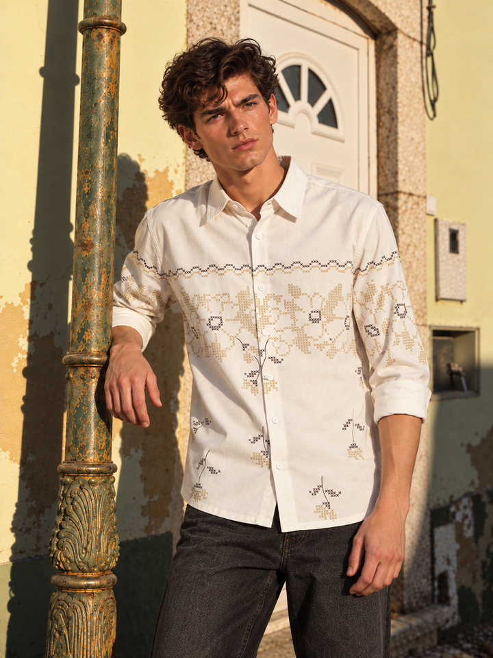 Floral Block Print Cream Printed Shirt