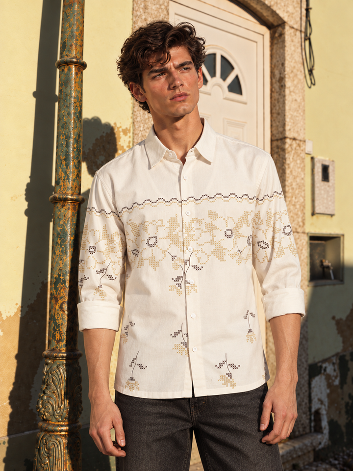 Floral Block Print Cream Printed Shirt