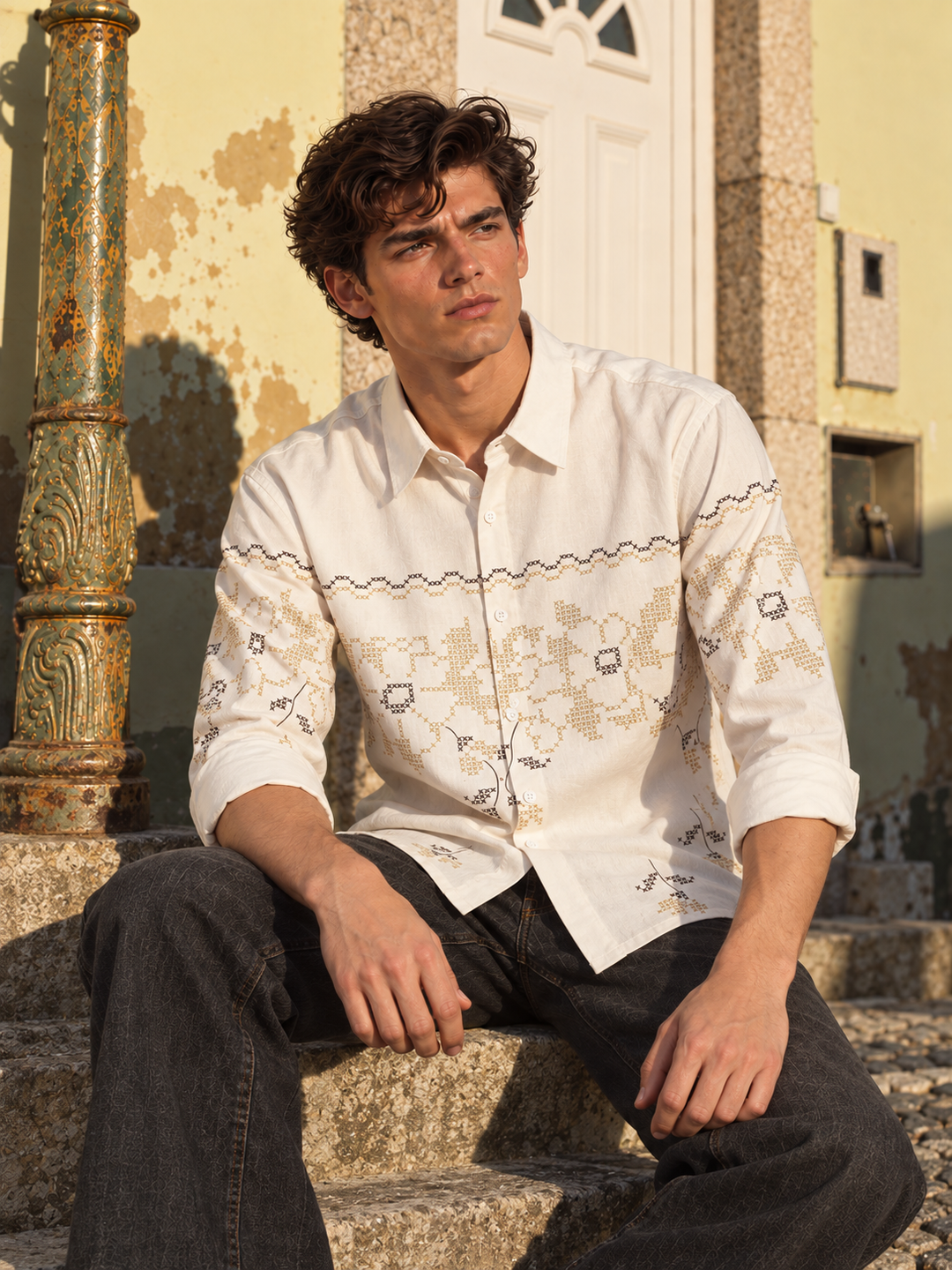 Floral Block Print Cream Printed Shirt