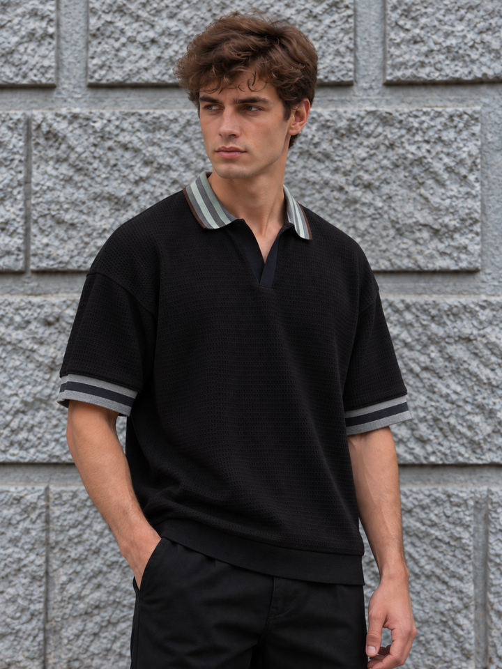 Textured Fabric Black Oversized Polo shirt