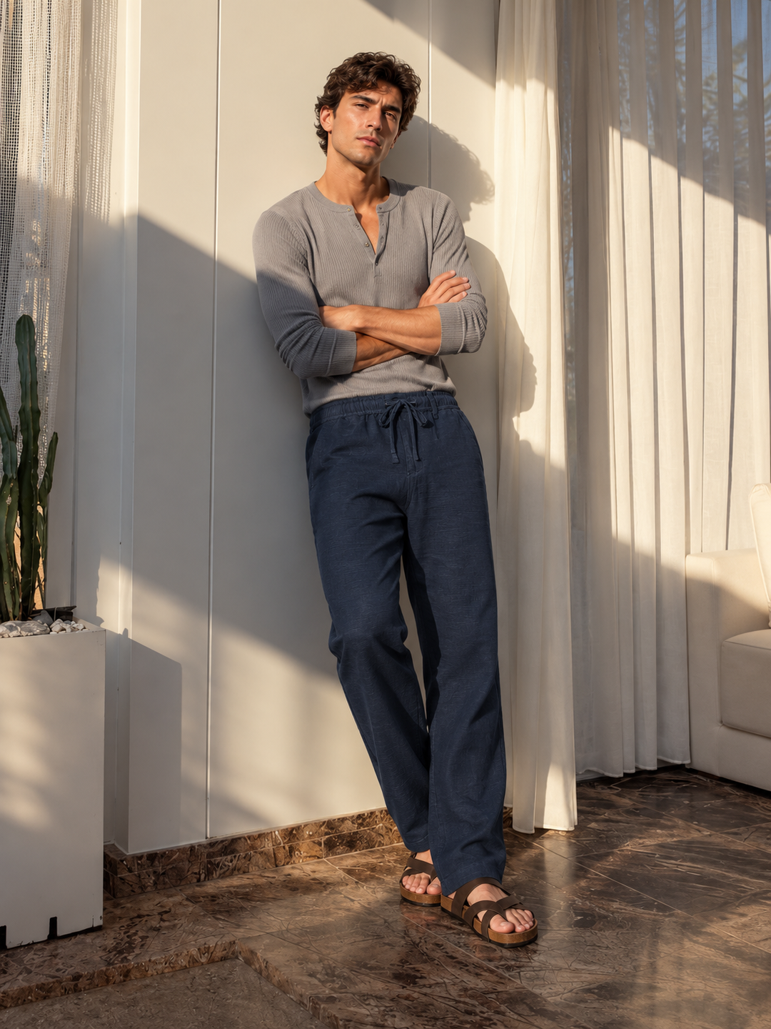 Linen : Navy Baggy Trousers