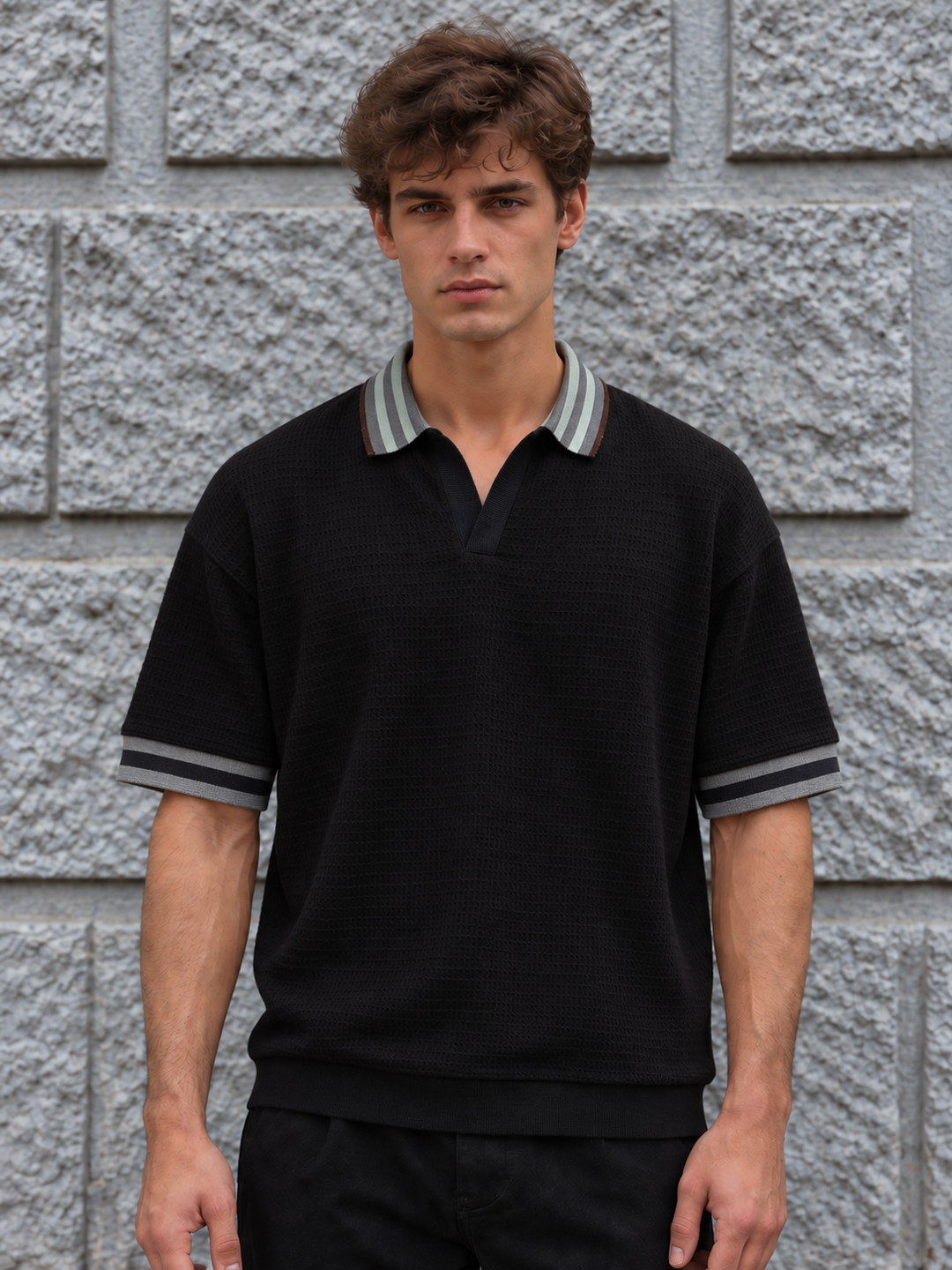 Textured Fabric Black Oversized Polo shirt
