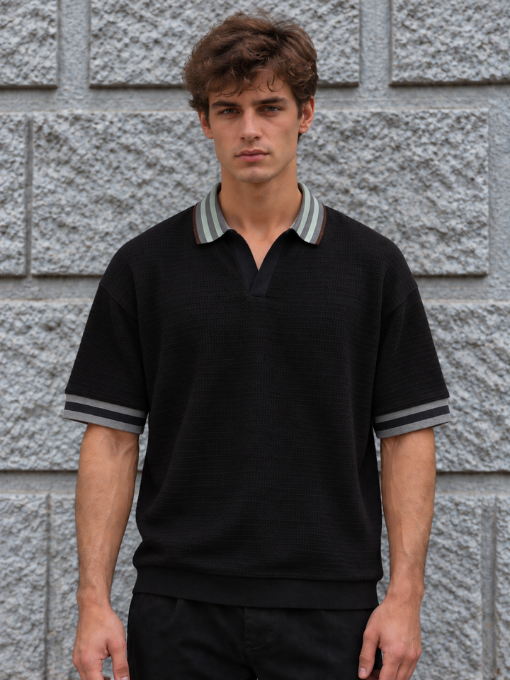 Textured Fabric Black Oversized Polo shirt