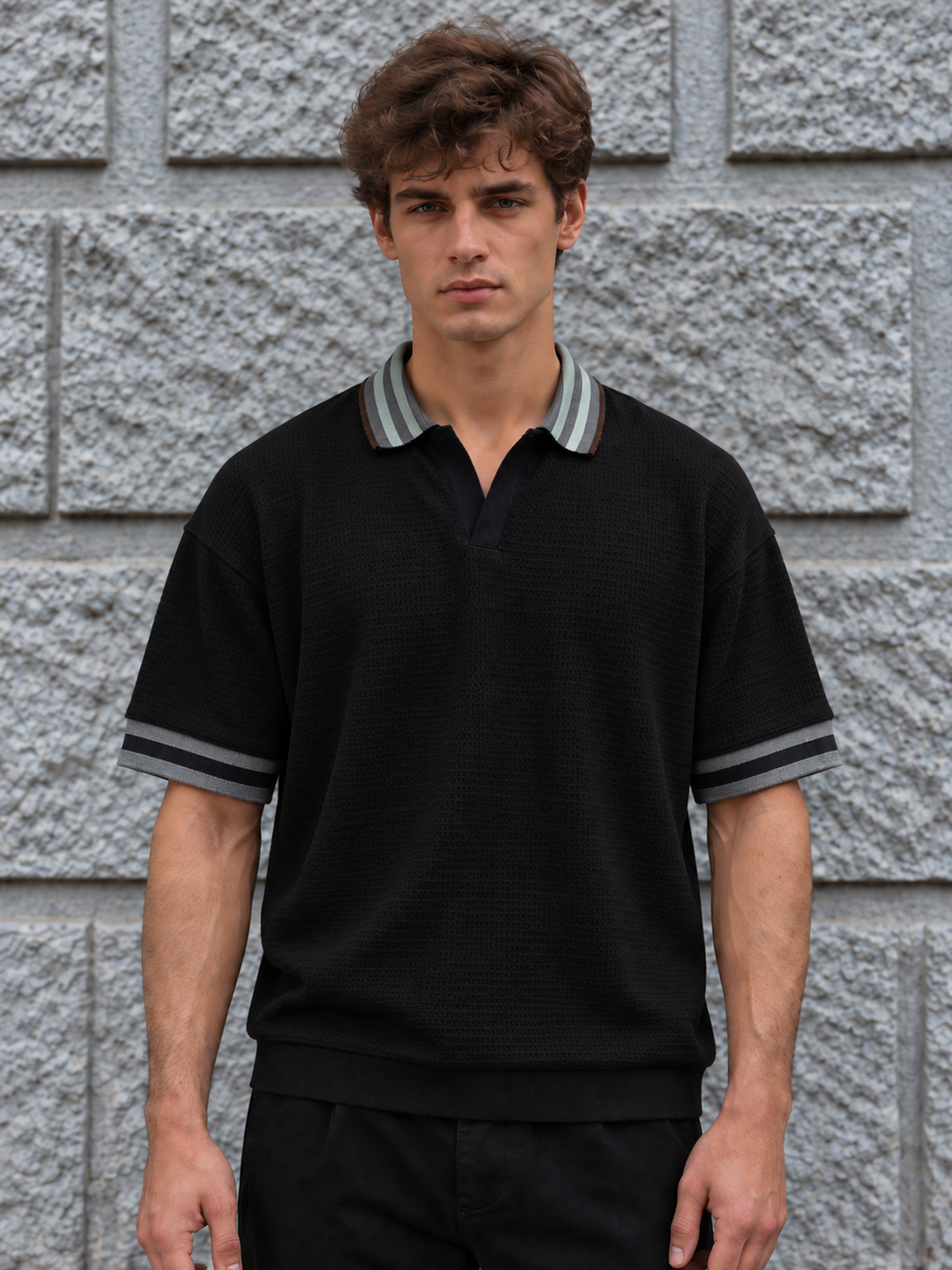 Textured Fabric Black Oversized Polo shirt