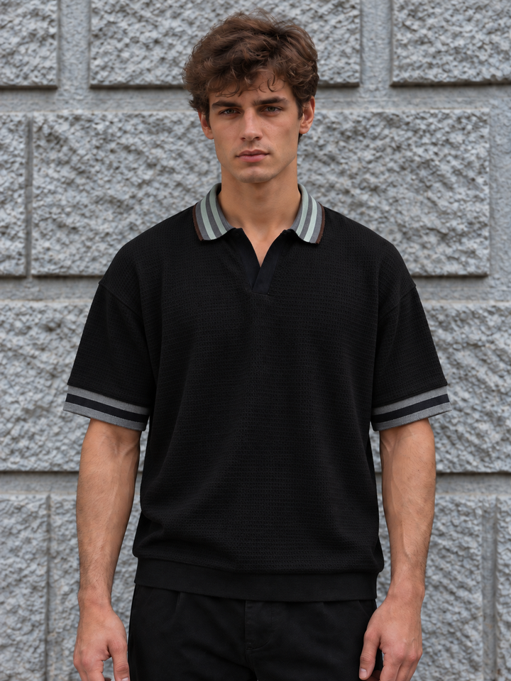 Textured Fabric Black Oversized Polo shirt