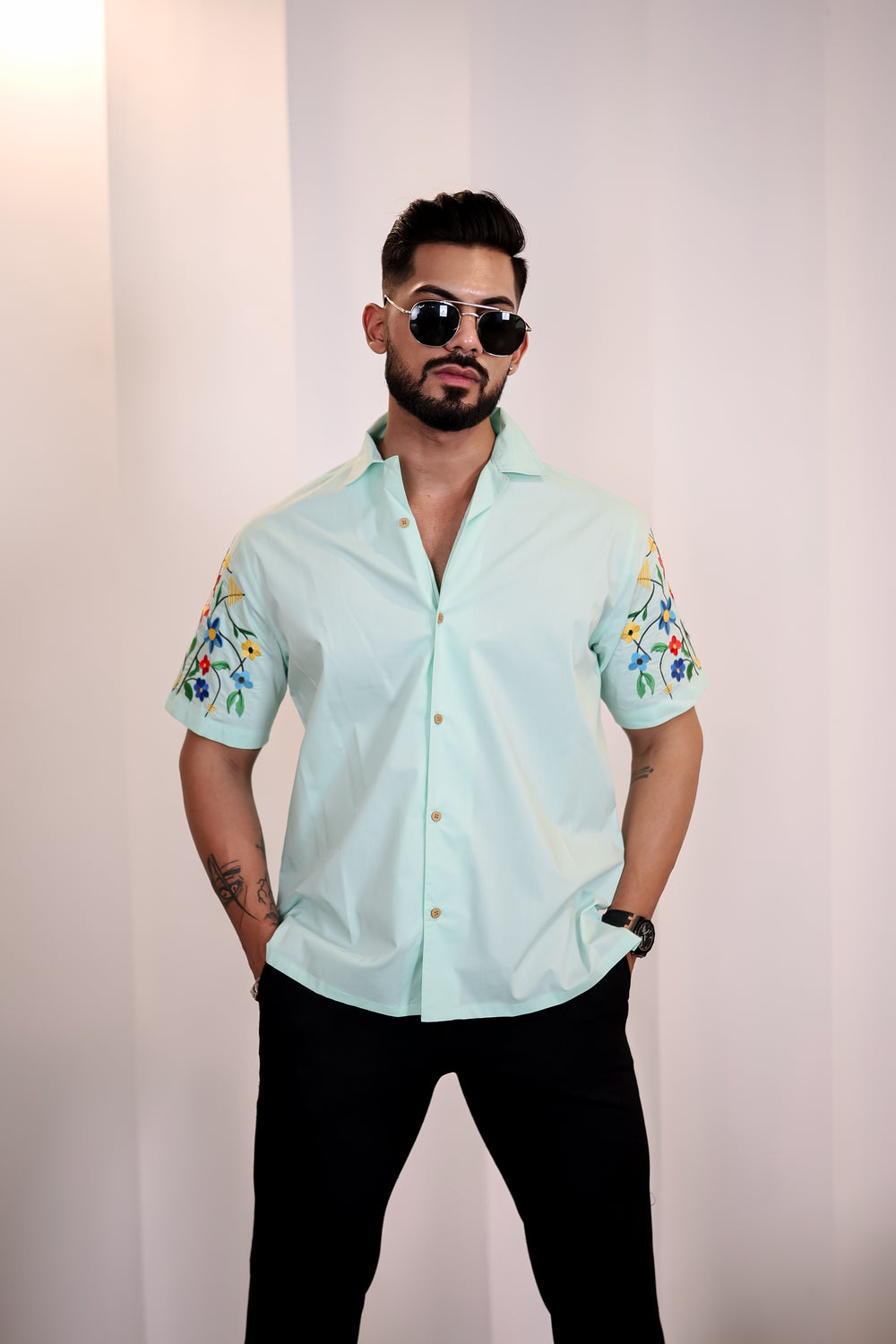 Classic: Floral Embroidery Cuban Green Shirt 2