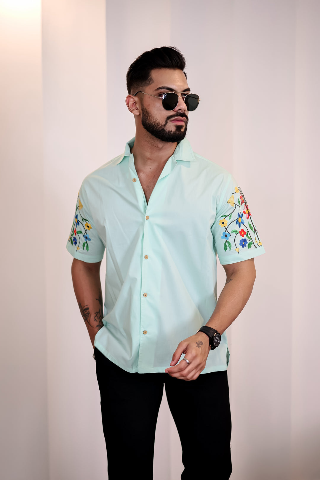 Classic: Floral Embroidery Cuban Green Shirt 1