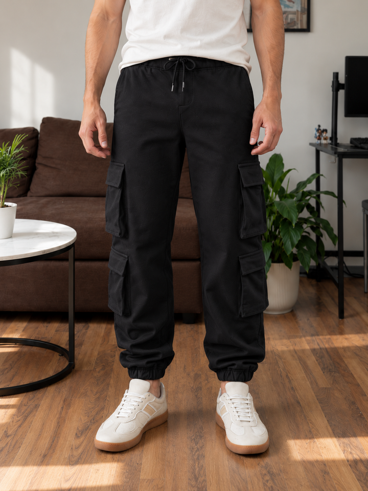 Multi Pockets: Black Cargo Joggers