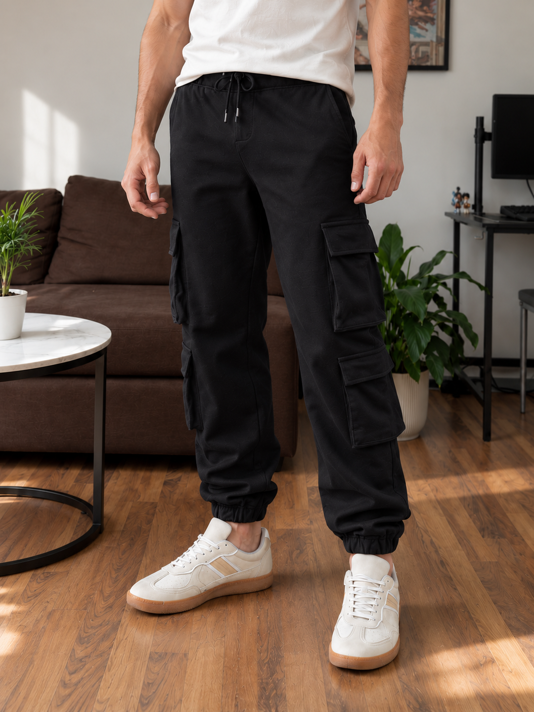 Multi Pockets: Black Cargo Joggers