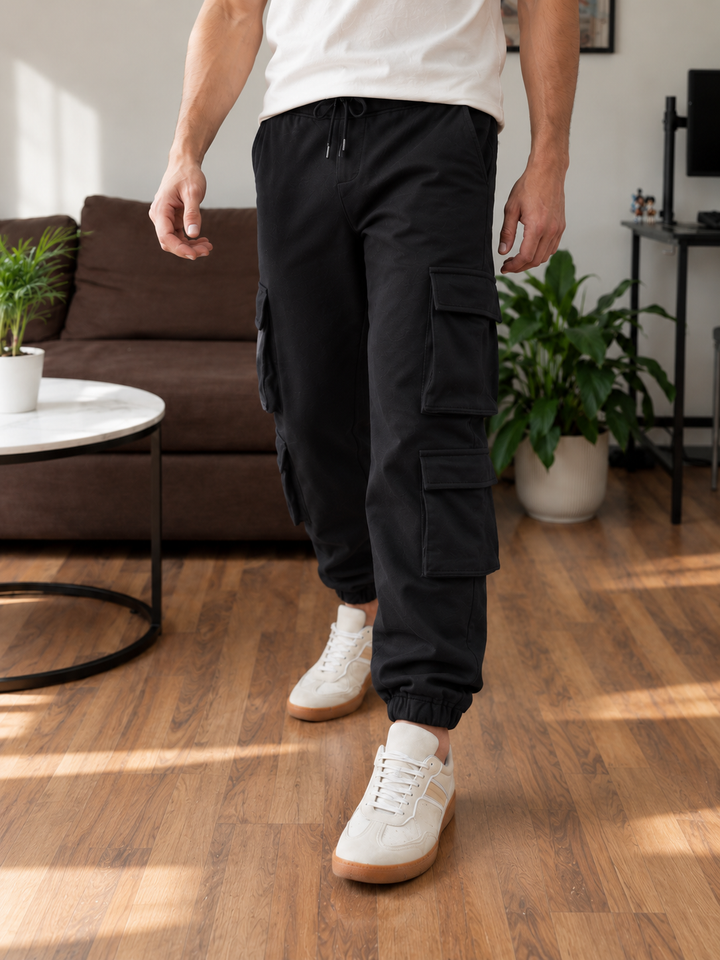 Multi Pockets: Black Cargo Joggers