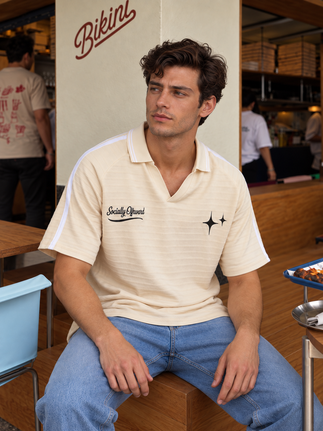 Textured Fabric Ochre Oversized Polo Shirt
