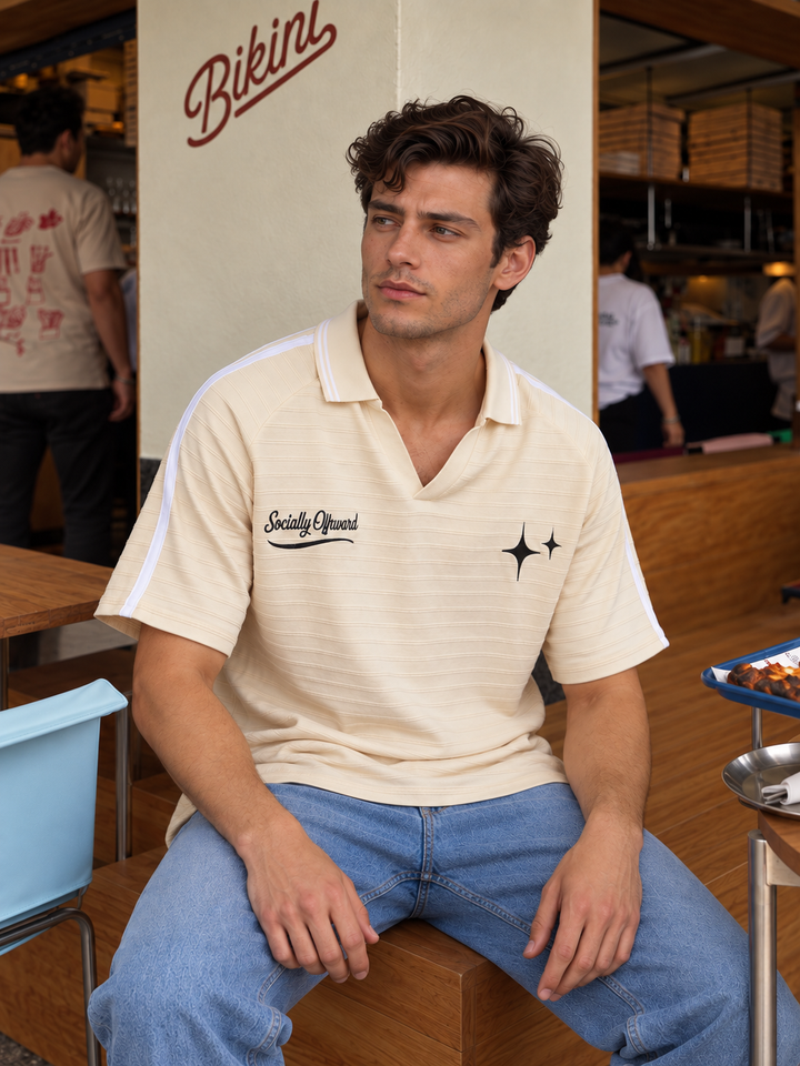 Textured Fabric Ochre Oversized Polo Shirt