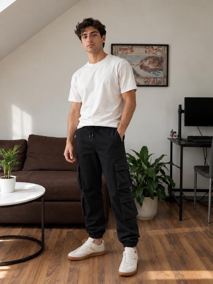 Multi Pockets: Black Cargo Joggers