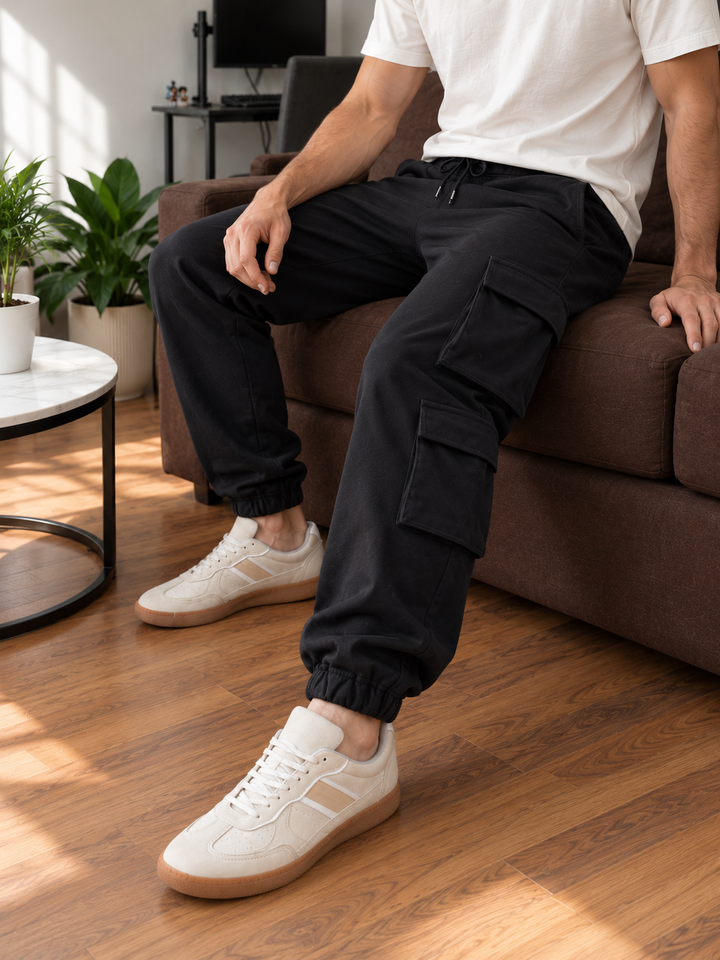 Multi Pockets: Black Cargo Joggers