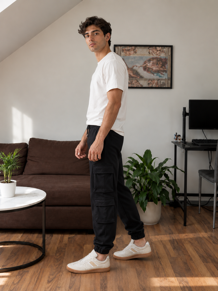 Multi Pockets: Black Cargo Joggers