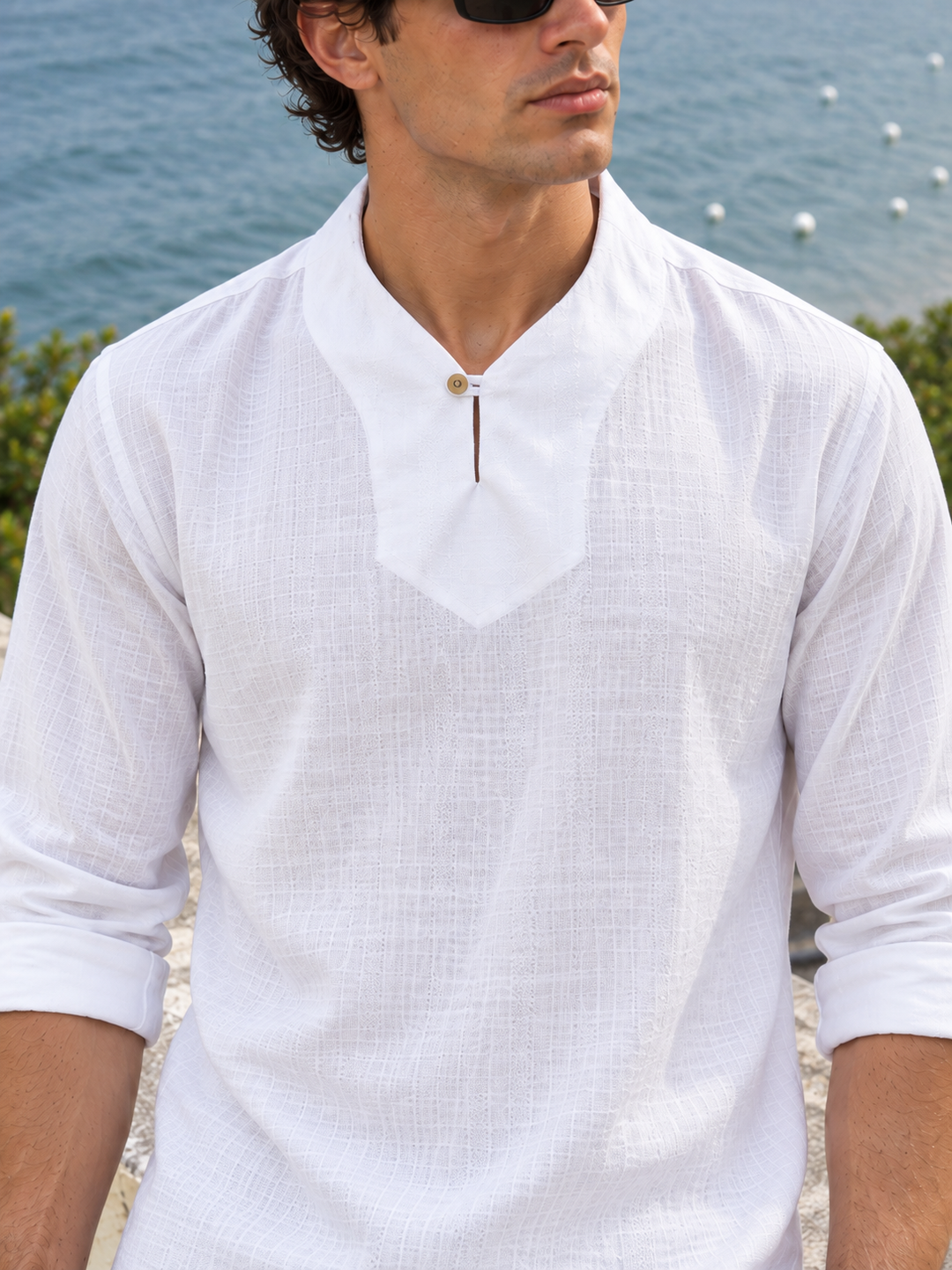 Plain Collar: White Linen Kurta