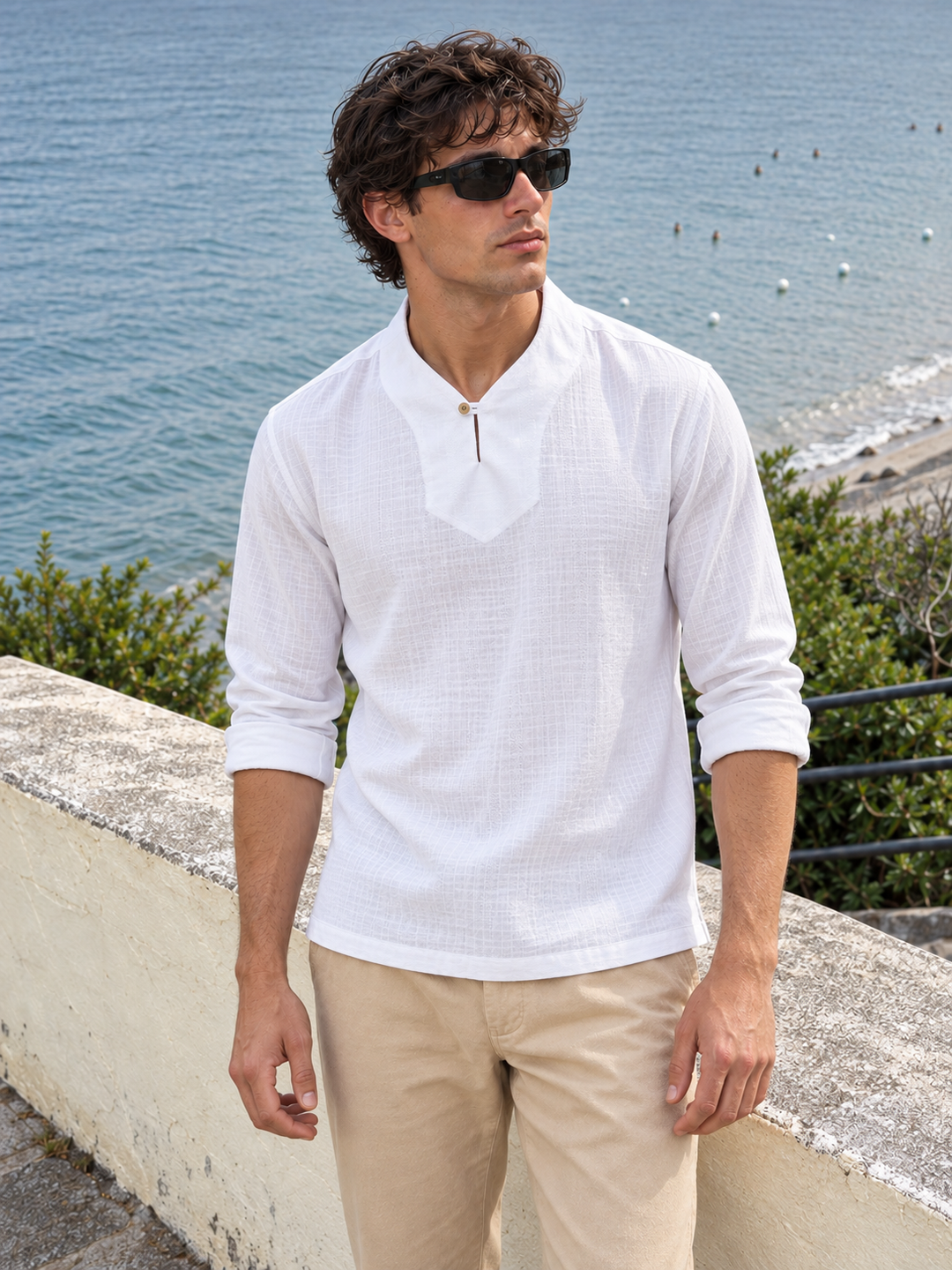 Plain Collar: White Linen Kurta