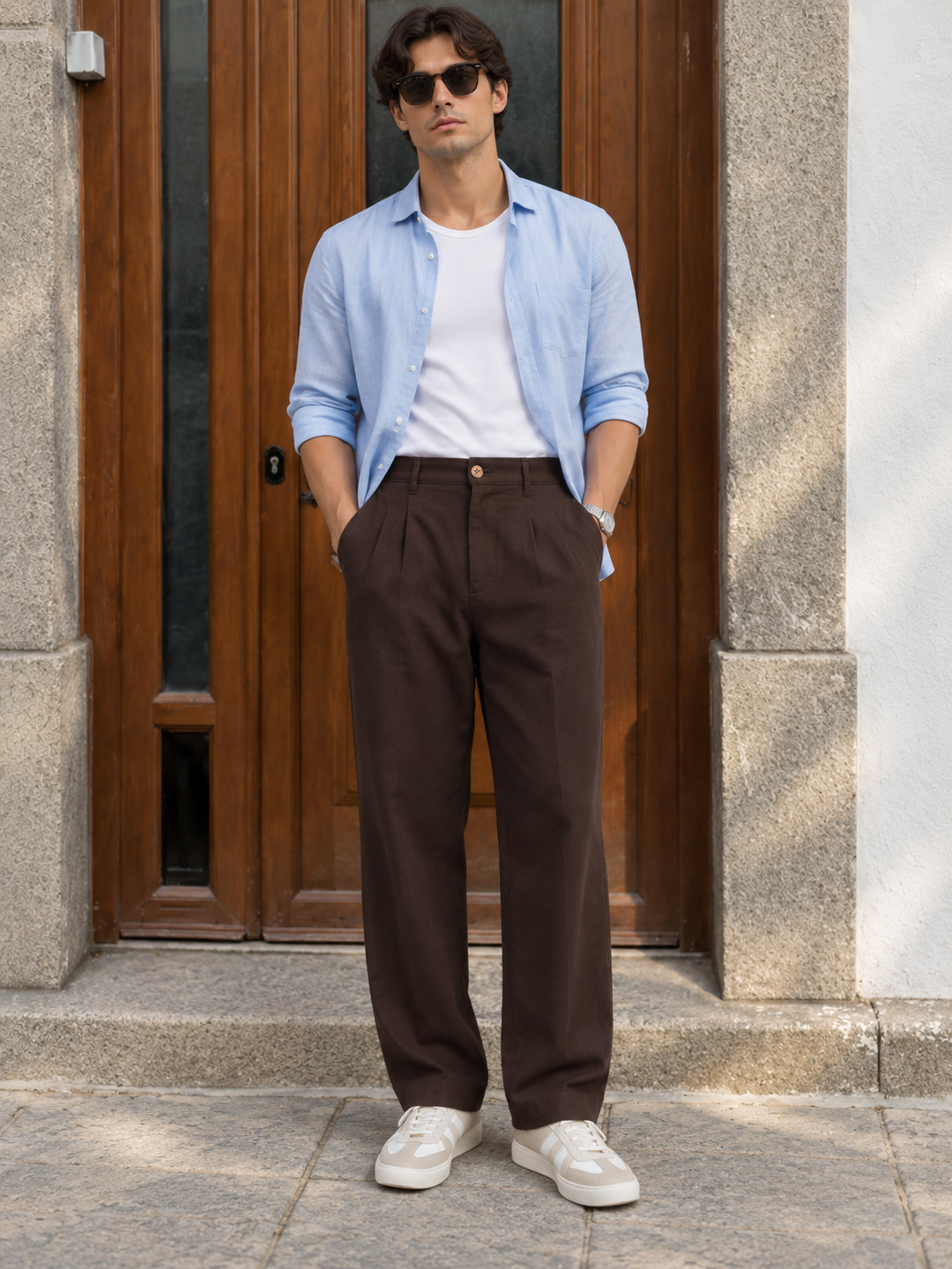 Linen : Pleated Brown Baggy Trousers