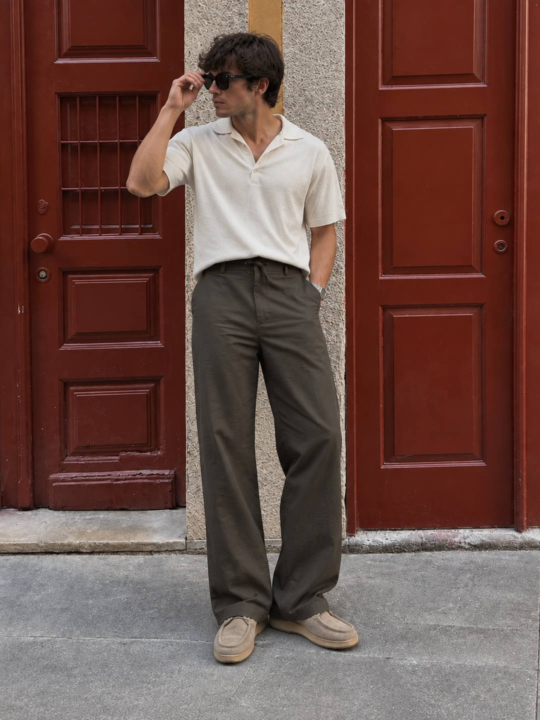 Linen : Dark Olive Relaxed Fit Trousers