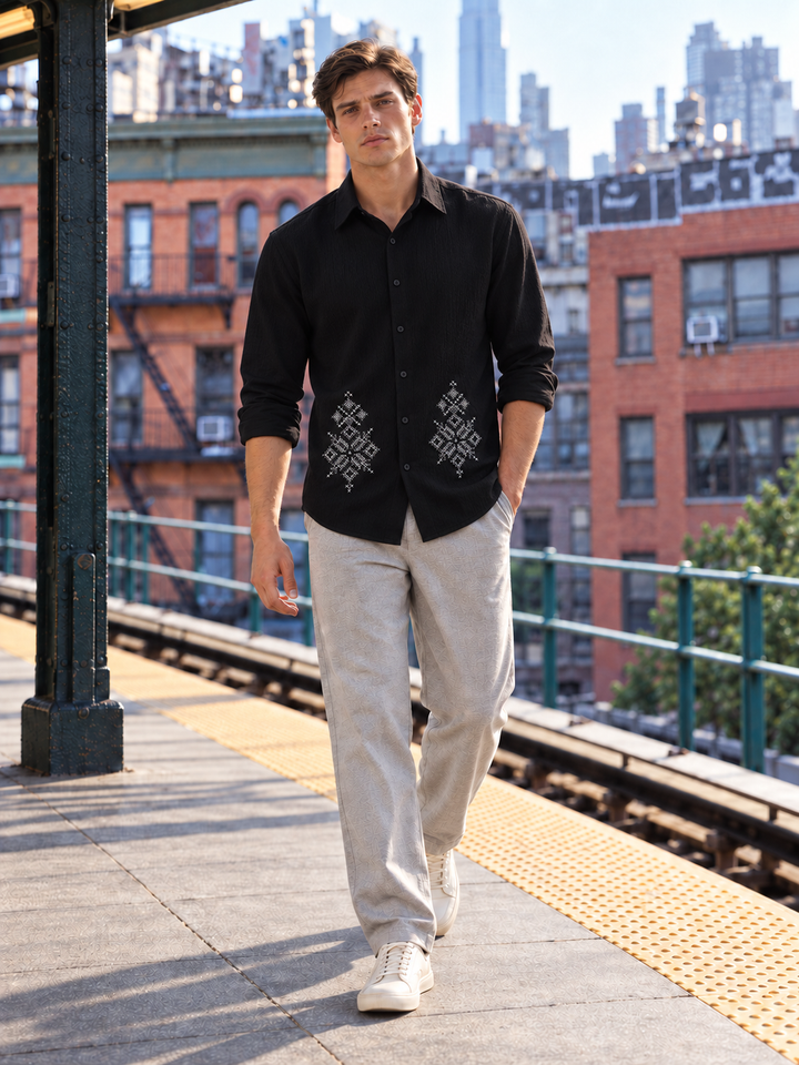Handicraft Embroidery Black Textured Fabric Shirt