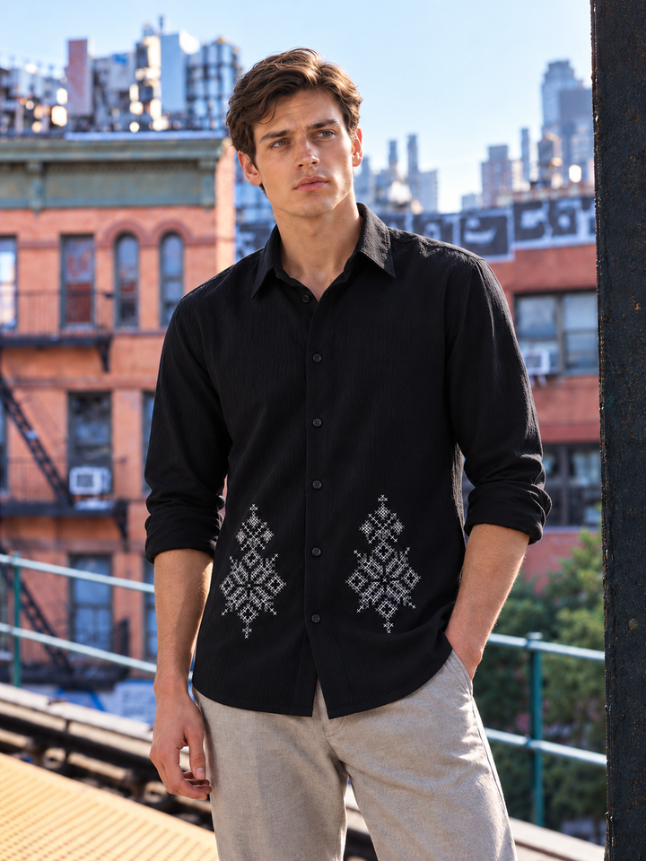 Handicraft Embroidery Black Textured Fabric Shirt