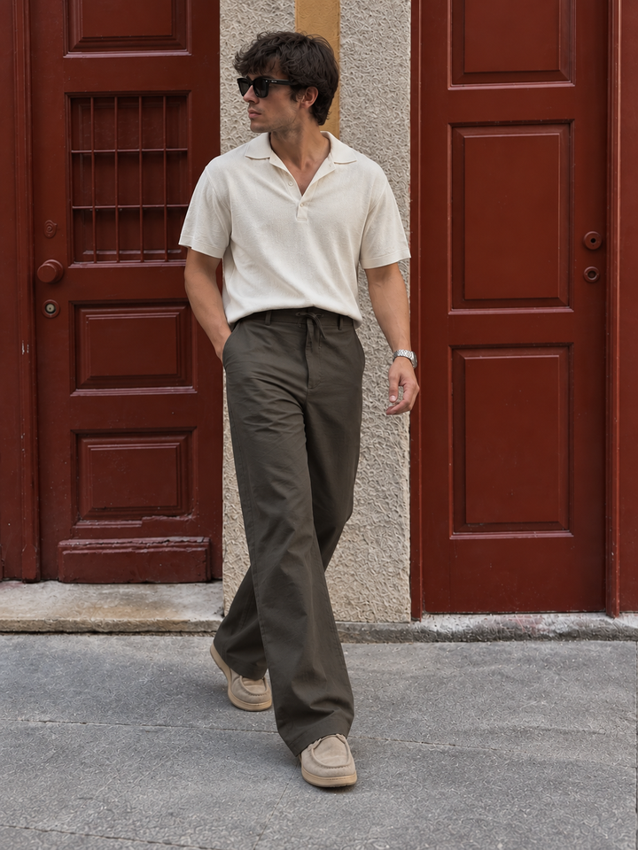 Linen : Dark Olive Relaxed Fit Trousers