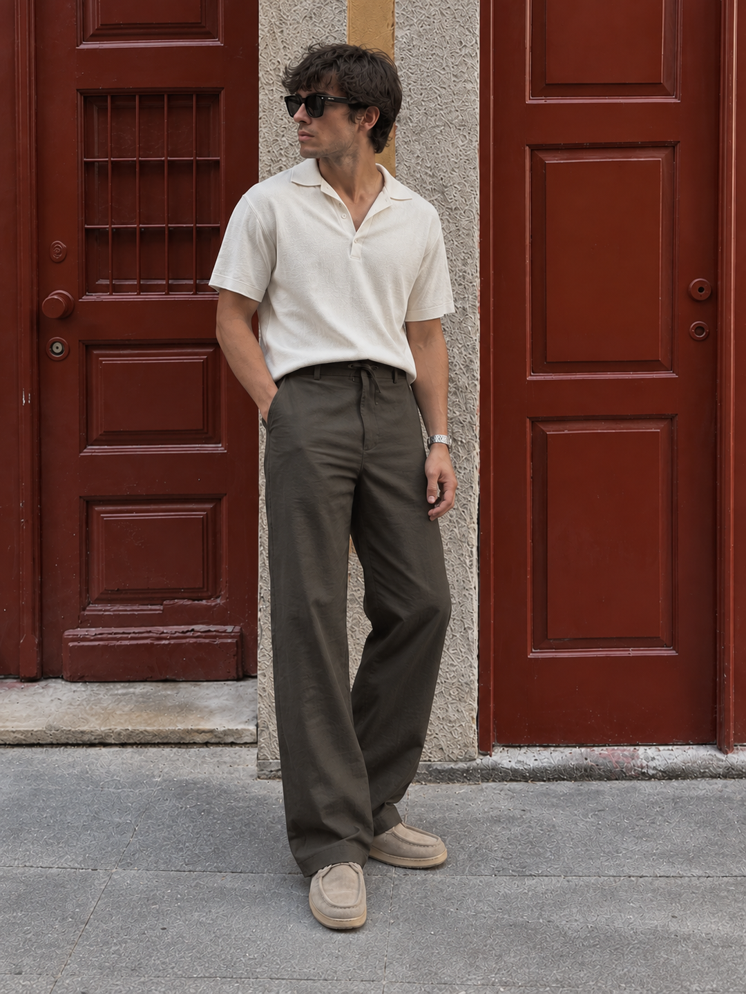 Linen : Dark Olive Relaxed Fit Trousers