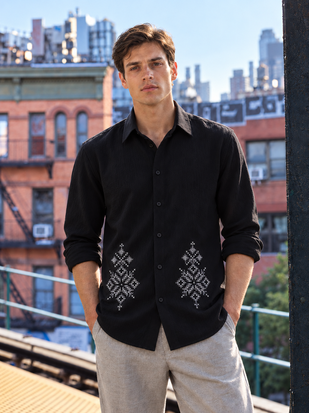 Handicraft Embroidery Black Textured Fabric Shirt