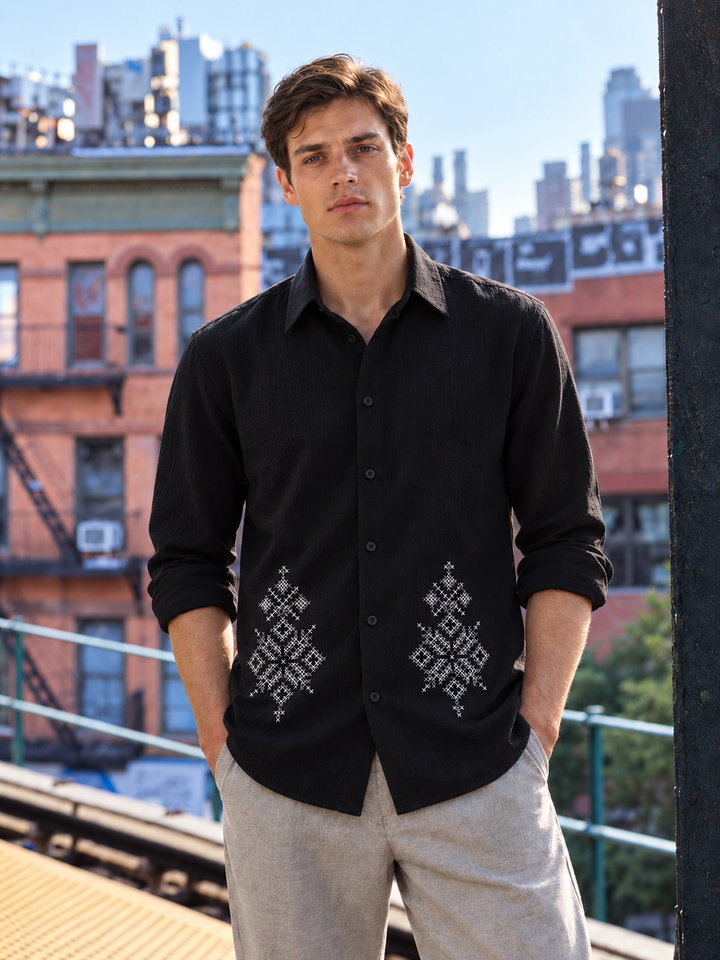 Handicraft Embroidery Black Textured Fabric Shirt