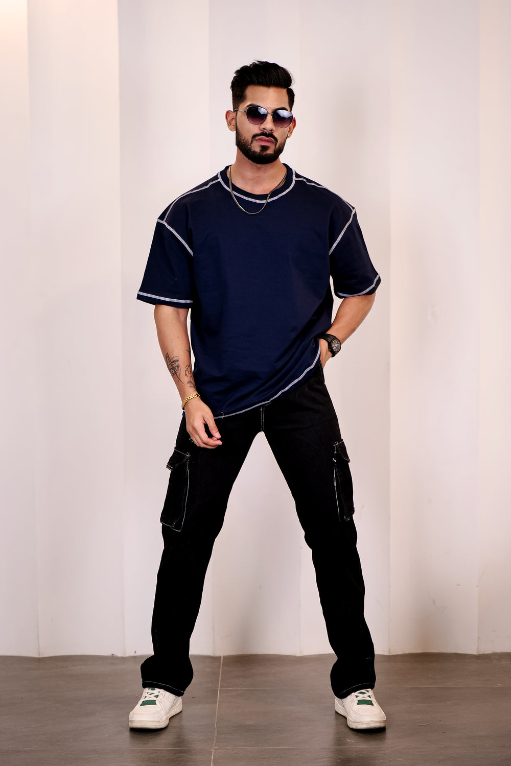 Contrast Stitch Navy Oversized T-Shirt 2