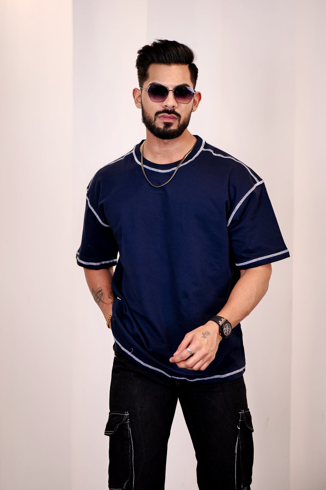 Contrast Stitch Navy Oversized T-Shirt 1