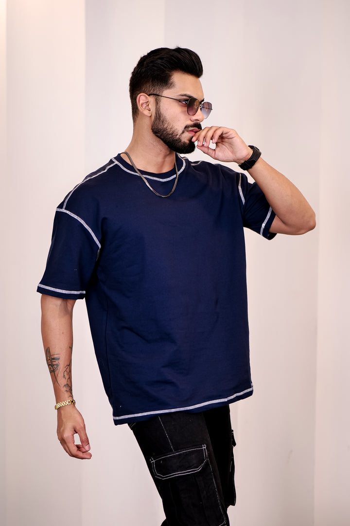 Contrast Stitch Navy Oversized T-Shirt 5