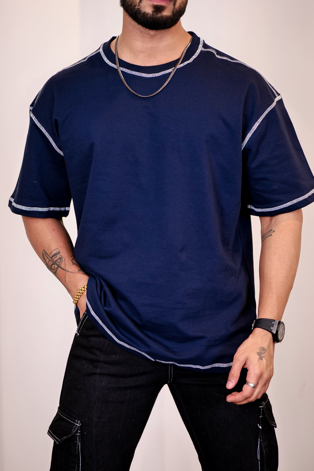 Contrast Stitch Navy Oversized T-Shirt 7