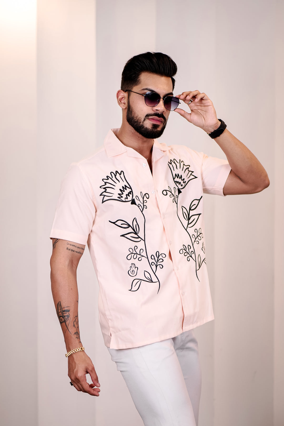 Apricot Floral Embroidery Cuban Shirt 6