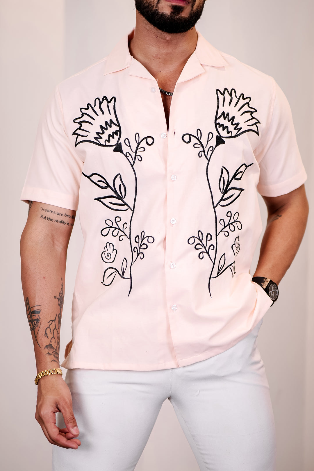 Apricot Floral Embroidery Cuban Shirt 8