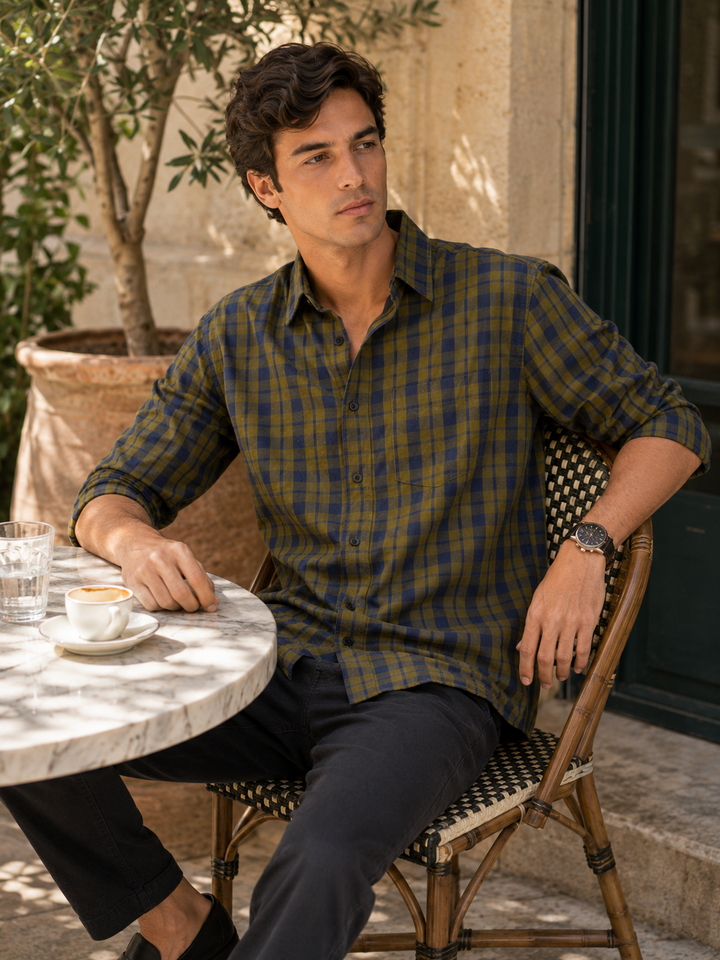 Twill: Olive & Blue Checks Shirt