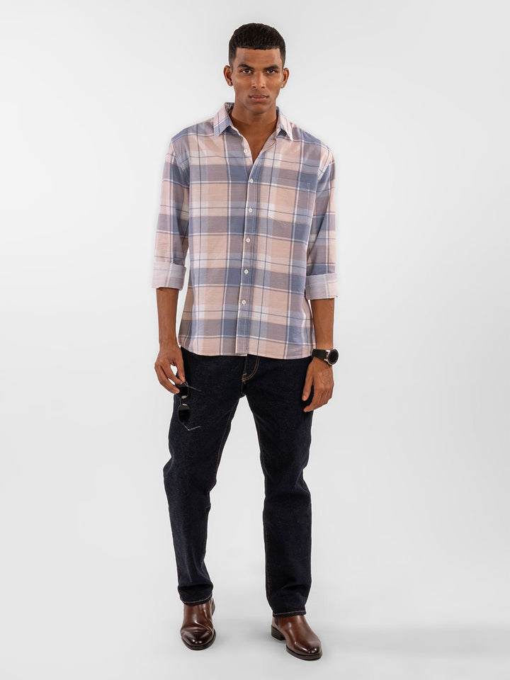 Cotton Linen: Cream & Blue Checks Shirt 2