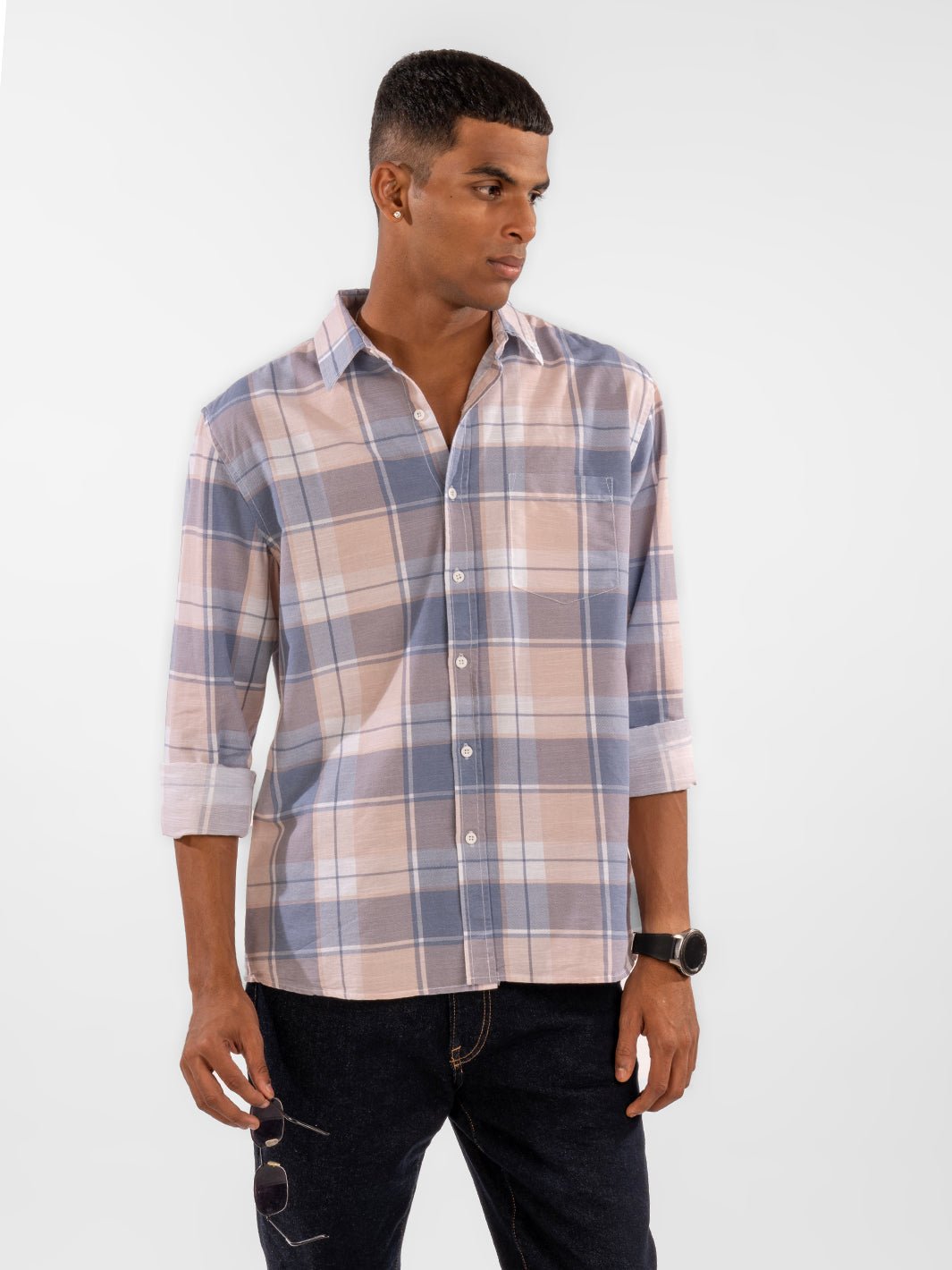 Cotton Linen: Cream & Blue Checks Shirt 1