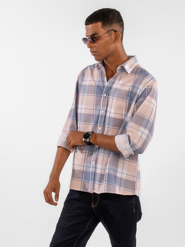 Cotton Linen: Cream & Blue Checks Shirt 3