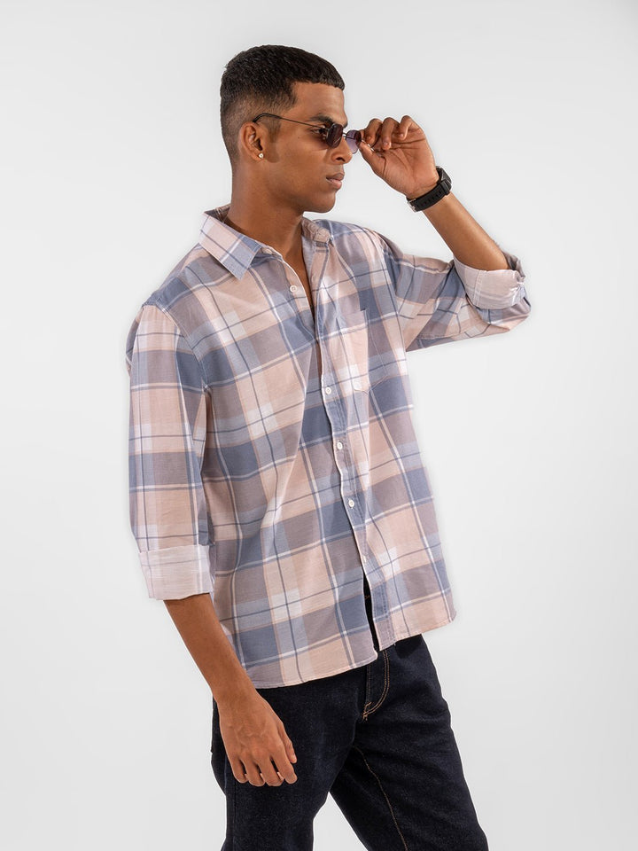 Cotton Linen: Cream & Blue Checks Shirt 4