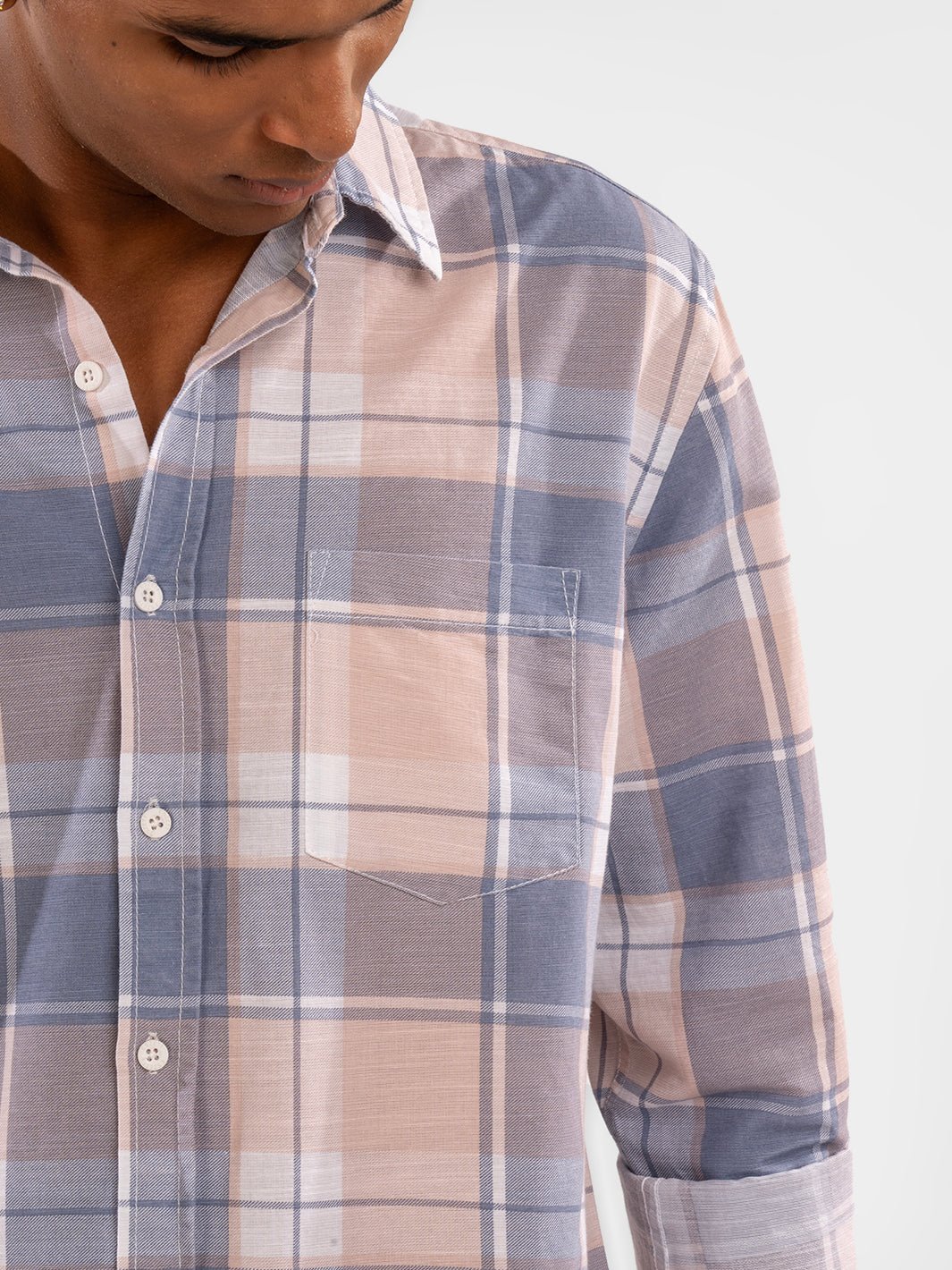 Cotton Linen: Cream & Blue Checks Shirt 5