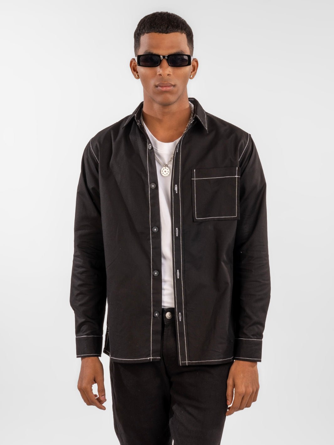 Contrast Stitch Overshirt Black front 1